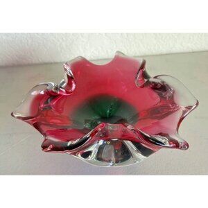 Vintage Bohemia Crystal Red & Clear Art Glass Bowl Made In Czechoslovakia Ruffle